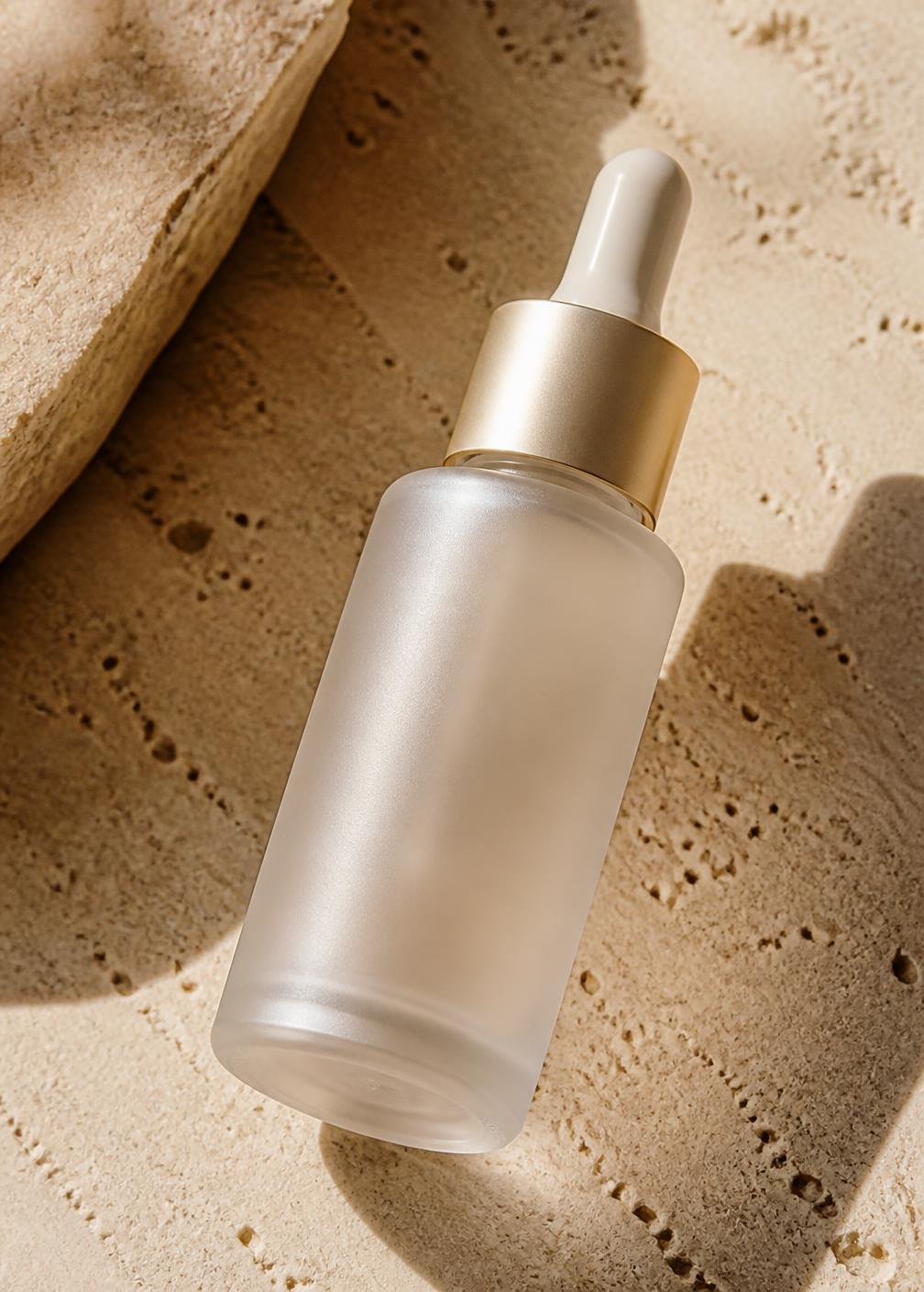 Frosted glass serum dropper resting on a warm stone surface