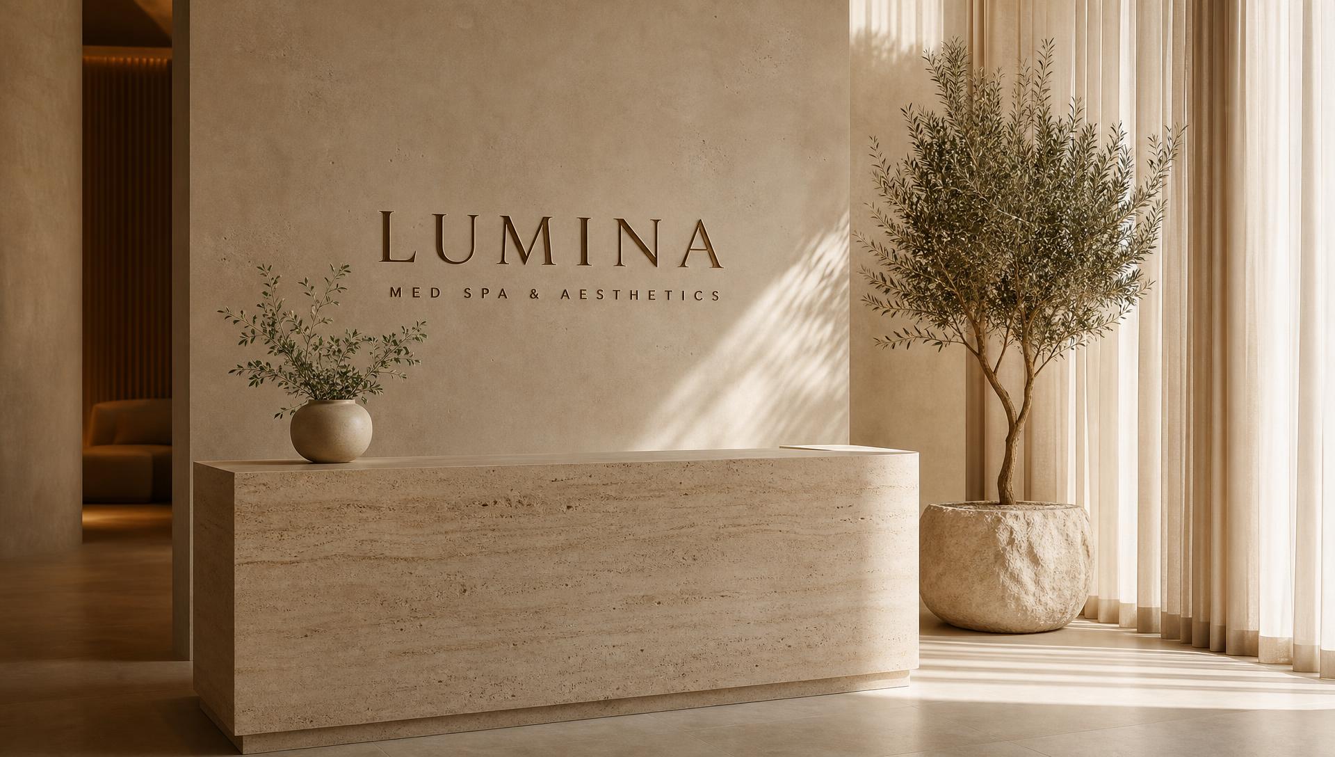 Warm limestone reception of the Lumina Med Spa & Aesthetics clinic lit by filtered daylight